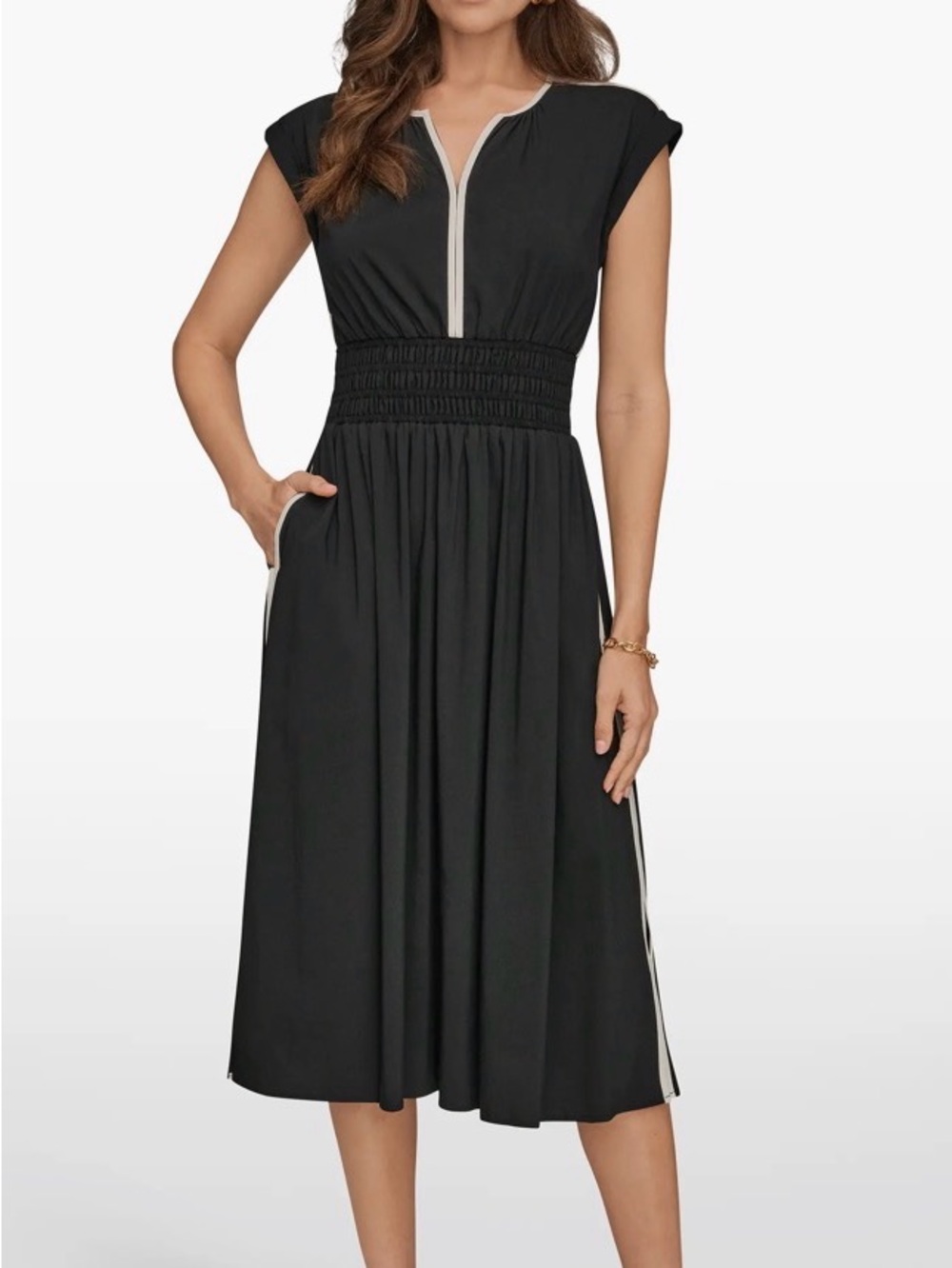 Women’s Cap Sleeve Piped Midi A-Line Dress Donna Karan